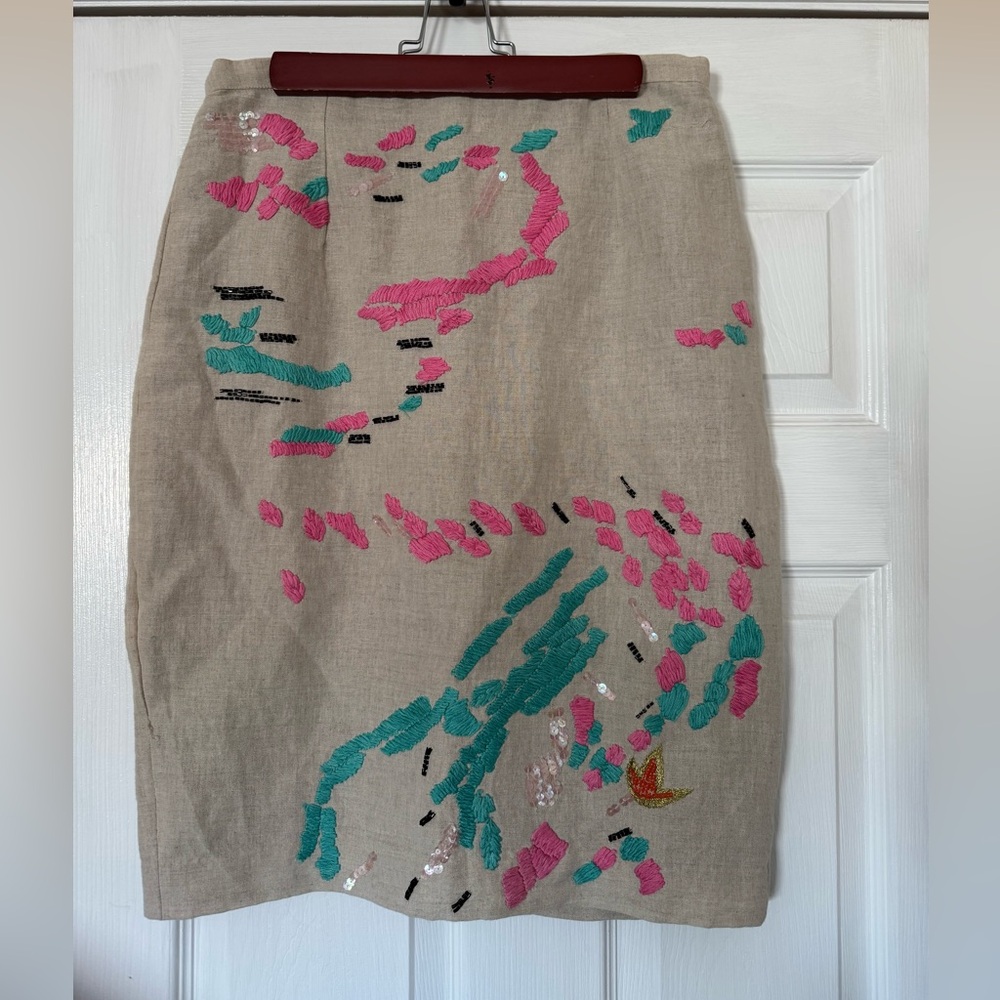 Tracy Reese x Anthropology Beige Skirt with Pink and Teal Embroidery & sequins